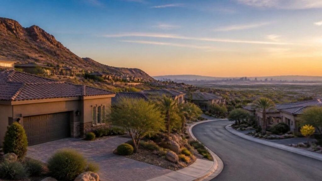 Homes in a desert foothills neighborhood in Henderson, Nevada at golden hour