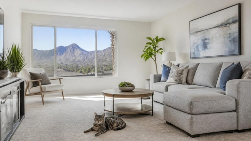 Bright, clean living room with a desert mountain view and a tabby cat lying on the carpet